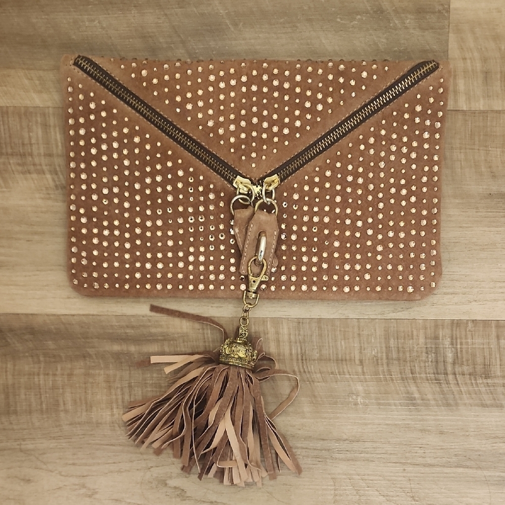 Cassandra Los Angeles Studded Leather Clutch with Tassel